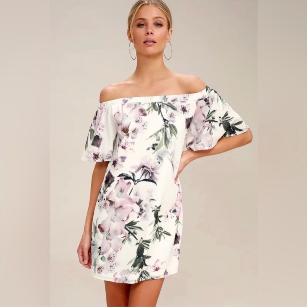 NWT Lulus Dream of You Ivory Floral Print Off The Shoulder Mini Shift Dress - S